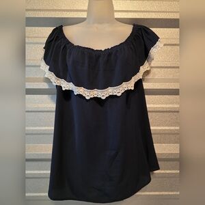 AUW Dark Blue Ruffle Blouse with White Lace